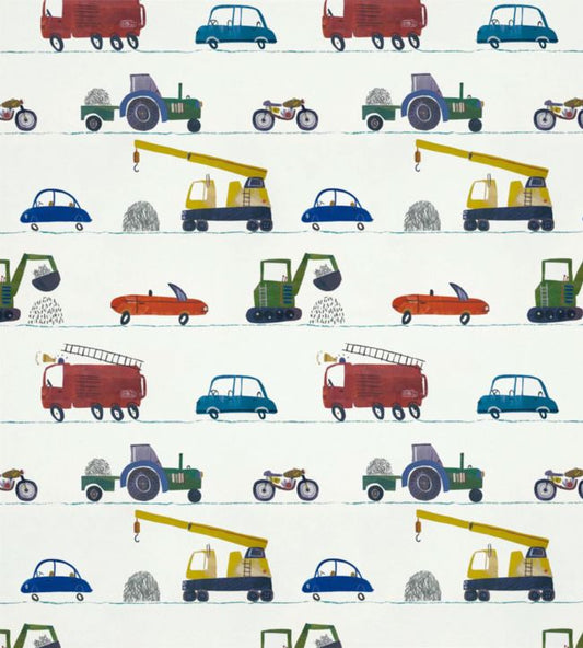 Just Keep Trucking Wallpaper - Tomato/Marine/Gecko - HLTF112643 - Harlequin - Morris Wallpaper