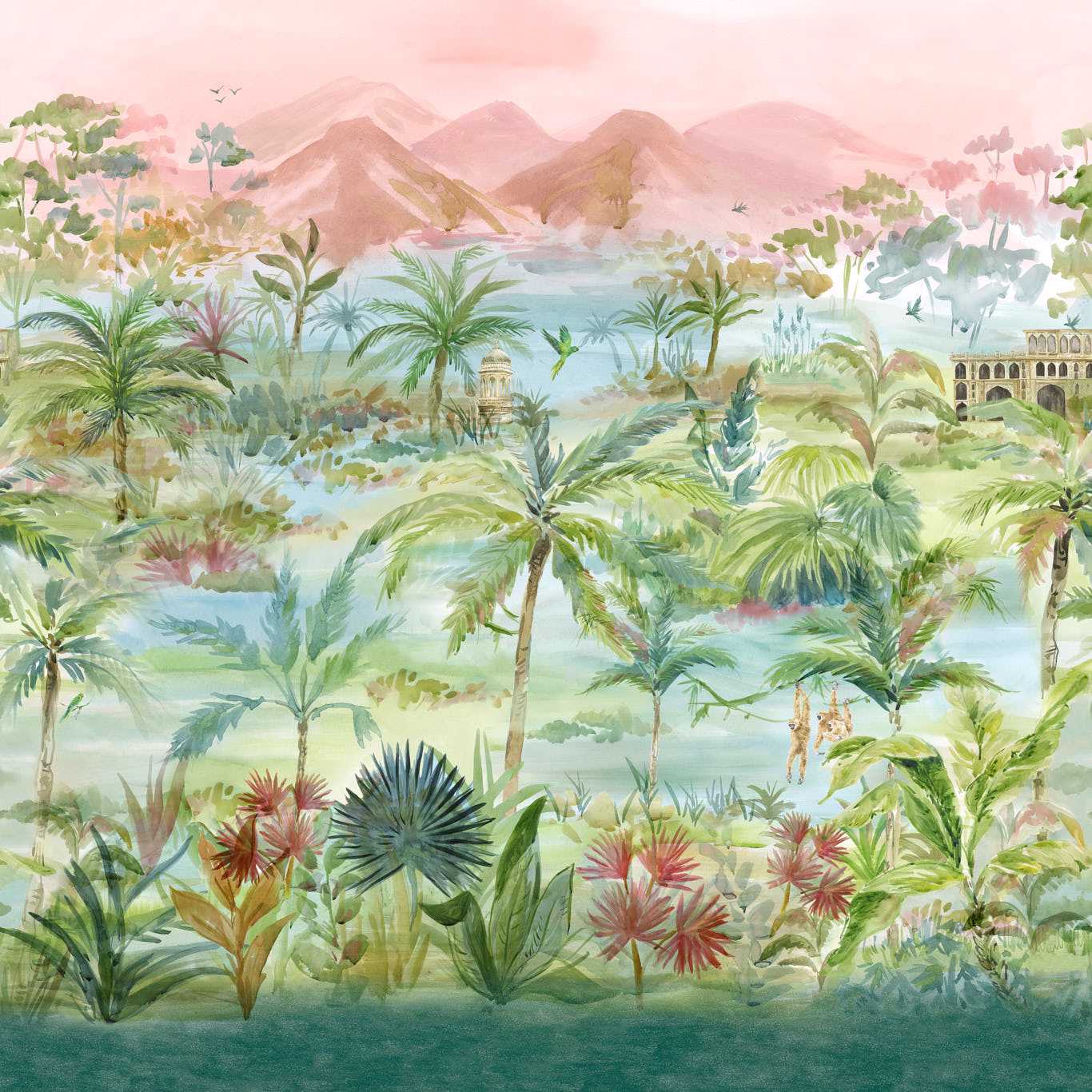 Kerala Mural Wallpaper - Teal - Clarke & Clarke - W0239/01 - Morris Wallpaper