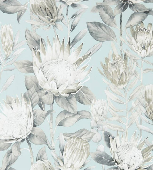 King Protea Wallpaper - Aqua/Linen - DGLW216645 - Sanderson - Morris Wallpaper