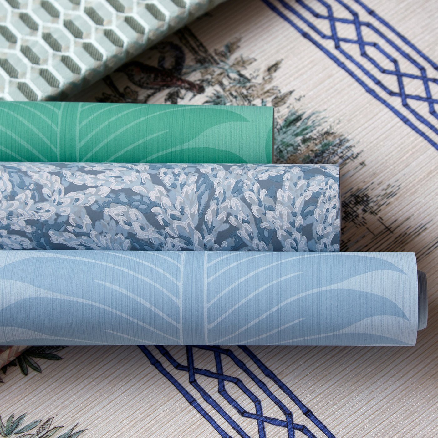 Marsden's Palm Damask Wallpaper - Blue Stone - ZCOT313023 - Zoffany - Premier Wallcovering