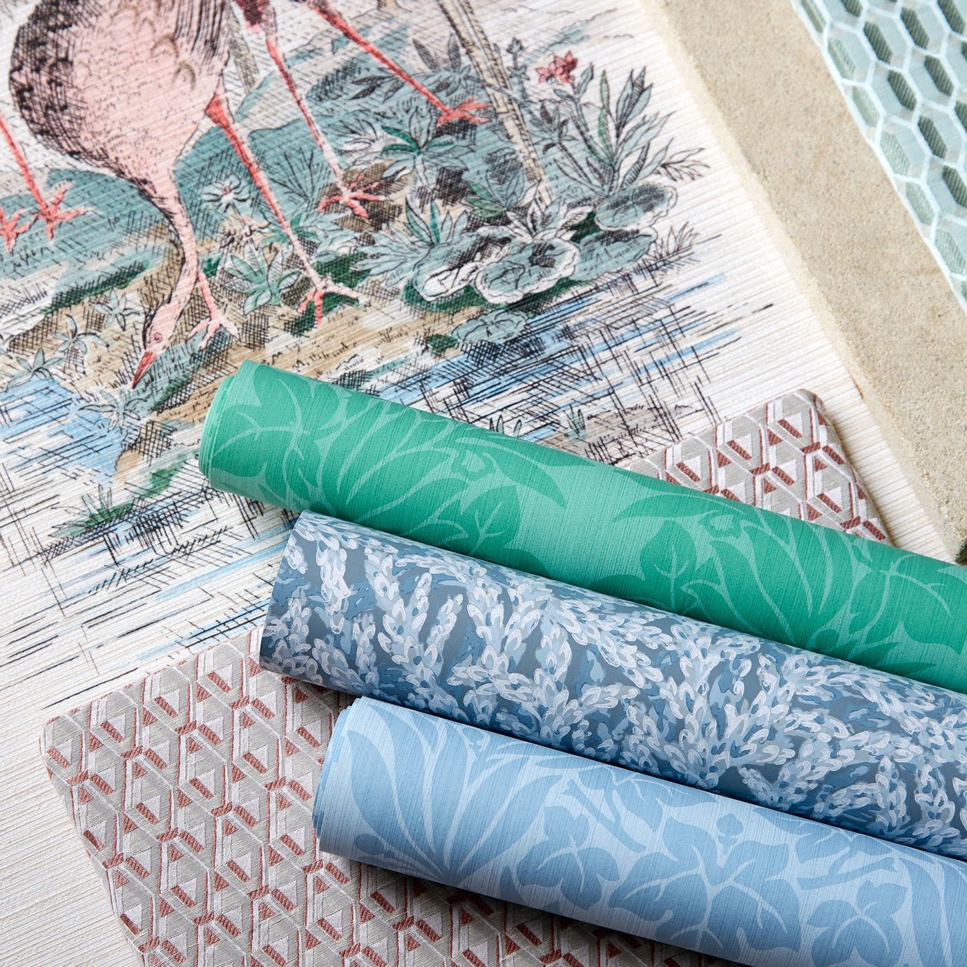 Marsden's Palm Damask Wallpaper - Pale Poisen - ZCOT313024 - Zoffany - Premier Wallcovering