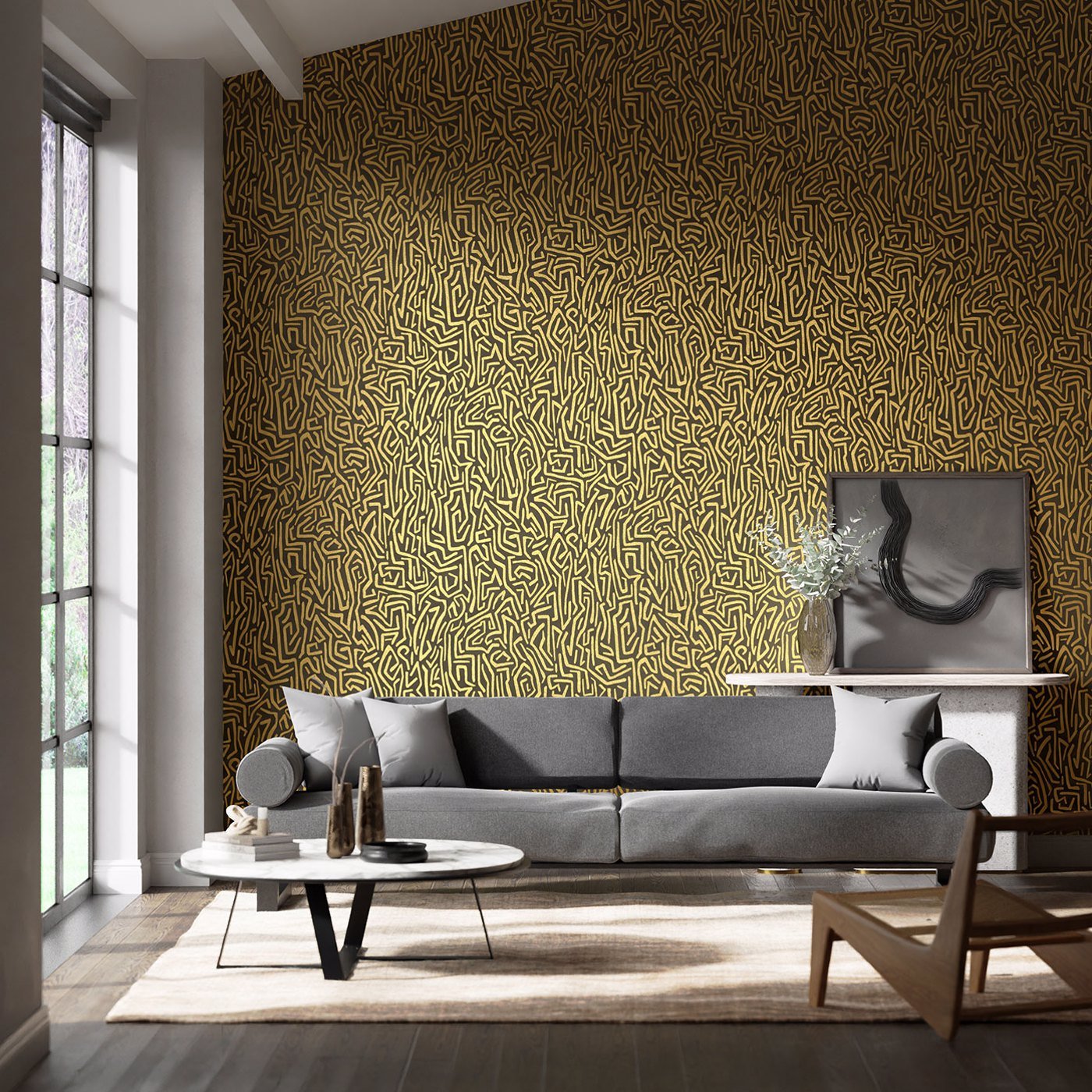 Melodic Wallpaper - Gold/Black Earth - Harlequin - HQN2112829 - Morris Wallpaper