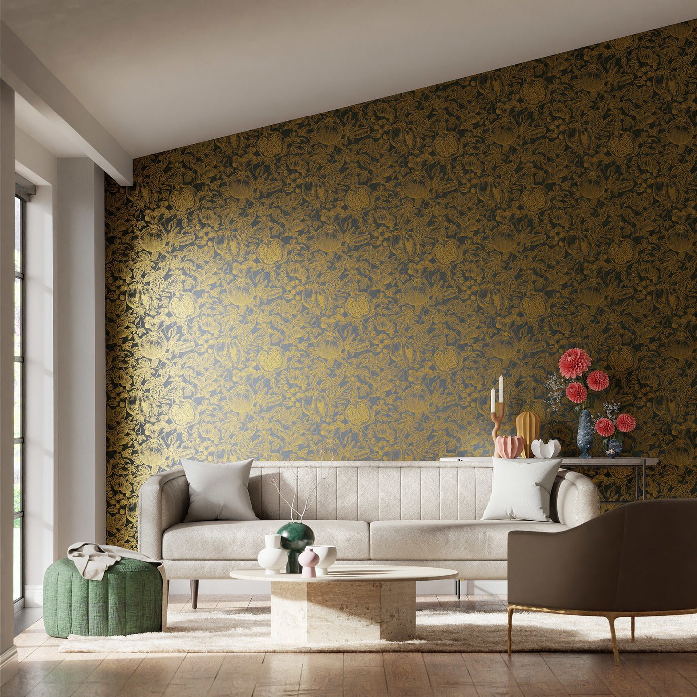 Melograno Wallpaper - Gold/Wild Water - HQN3112926 - Harlequin - Premier Wallcovering