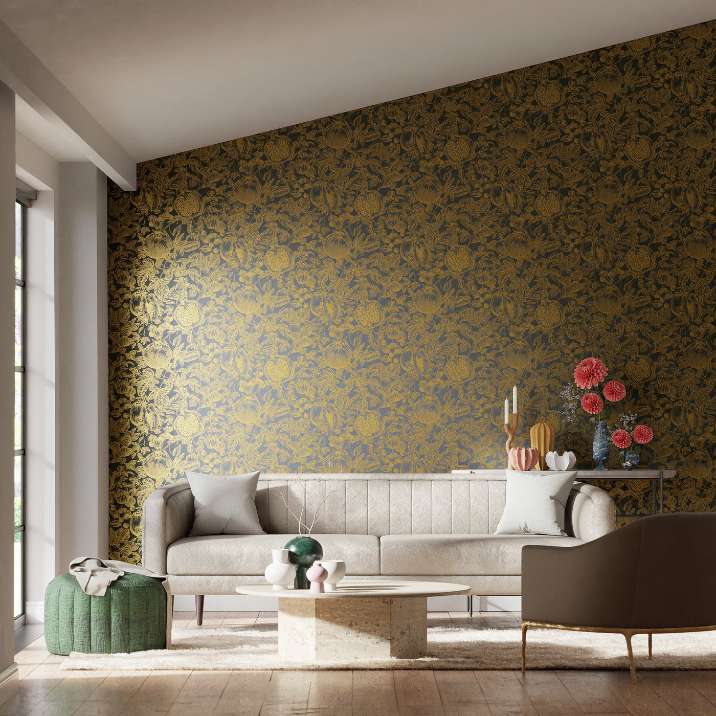 Melograno Wallpaper - Gold/Wild Water - HQN3112926 - Harlequin - Morris Wallpaper