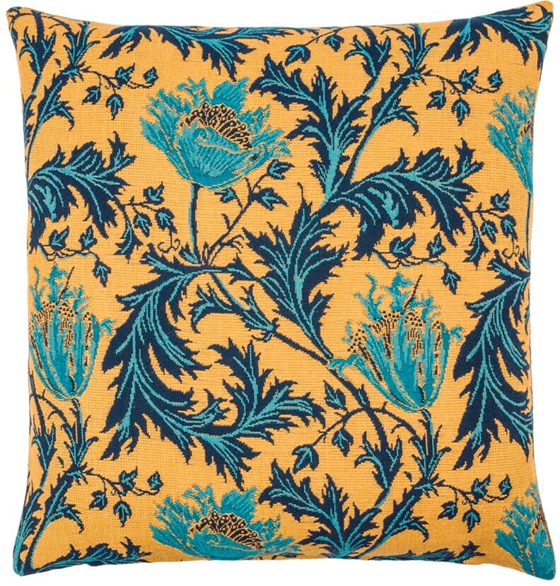 Morris Anemone Blue Gold Tapestry Cushion with Feather Filler - Hines - 694-1 - Morris Wallpaper