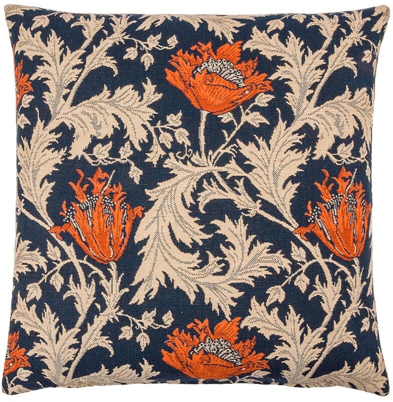 Morris Anemone Blue Rust Tapestry Cushion with Feather Filler - Hines - 693-1 - Morris Wallpaper