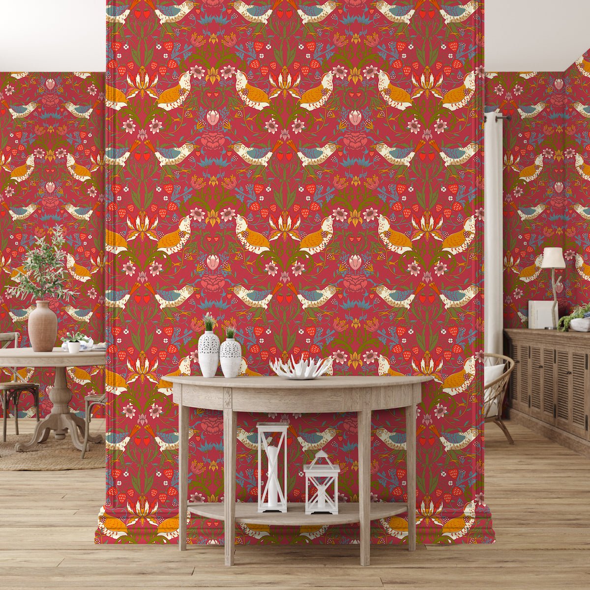 1027 - Strawberry Thief Wallpaper - Crimson-Red by Morris Collections