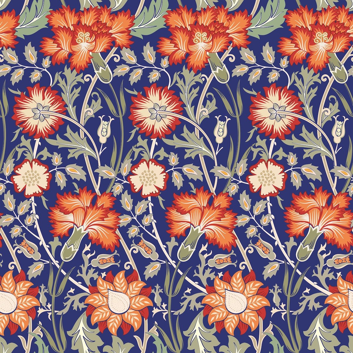1095 - Iris & Chrysanthemum Wallpaper - Azure Blue Red by Morris Collections