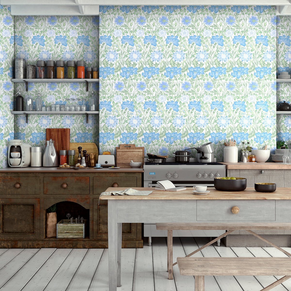 1090 - Iris & Chrysanthemum Wallpaper - Sky-Green by Morris Collections