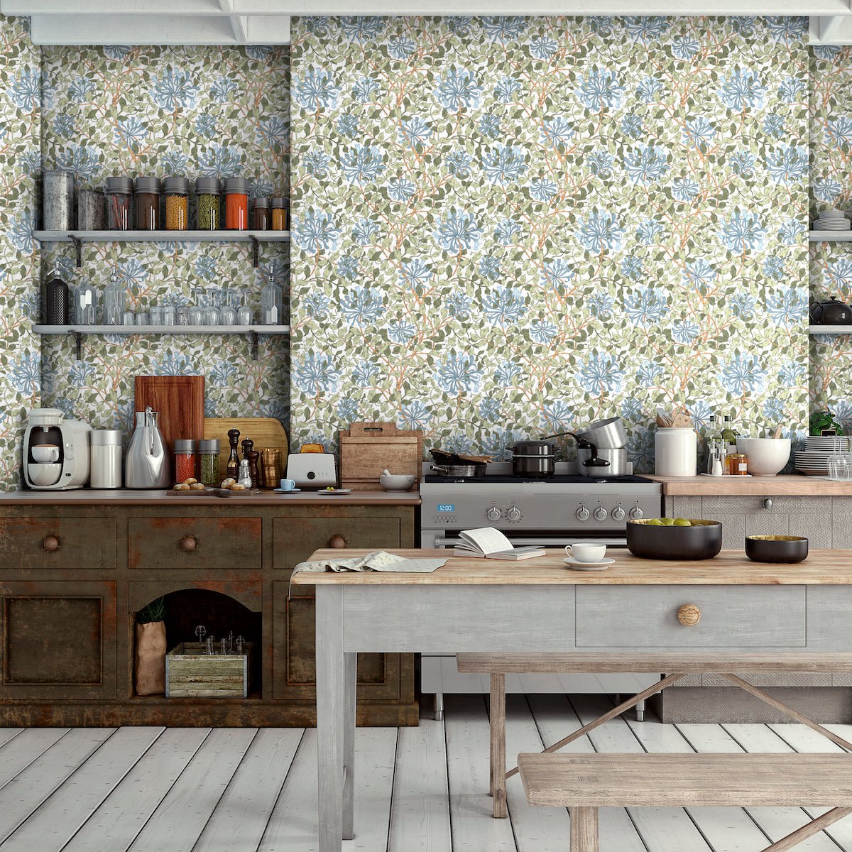 1119 - Honeysuckle Wallpaper - Webbs Grey Blue by Morris Collections