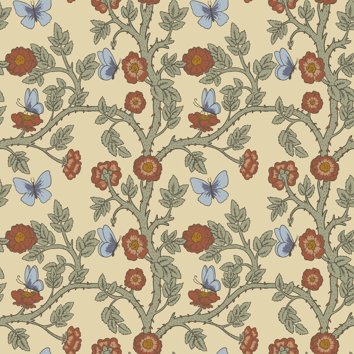 1125 - Thorn & Butterfly Wallpaper - Custard by Morris Collections