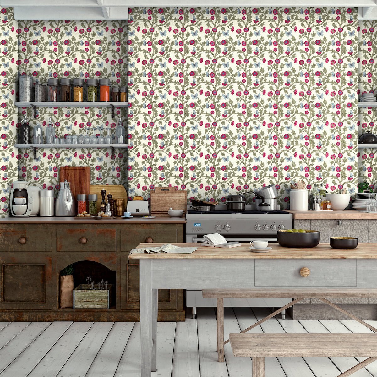 1126 - Thorn & Butterfly Wallpaper - Ivory White by Morris Collections