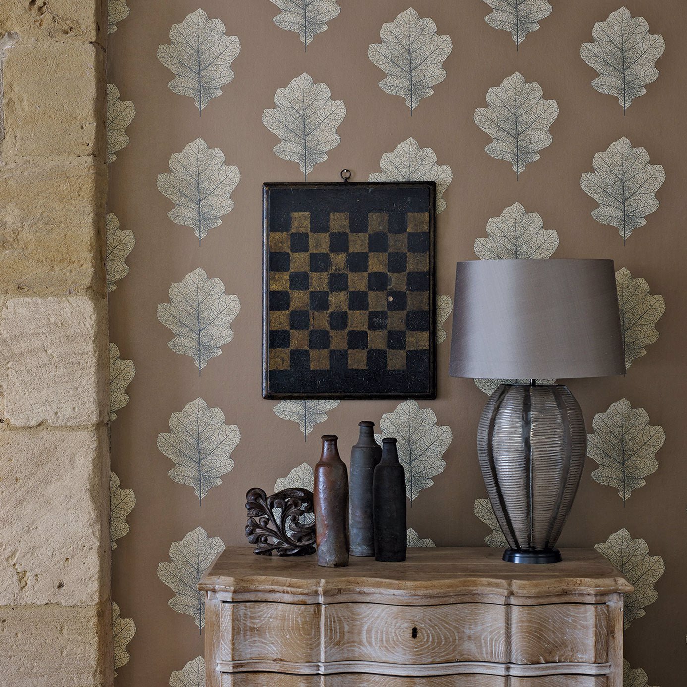 Oak Filigree Wallpaper - Stone/Gilver - Sanderson - DWOW215698 - Morris Wallpaper