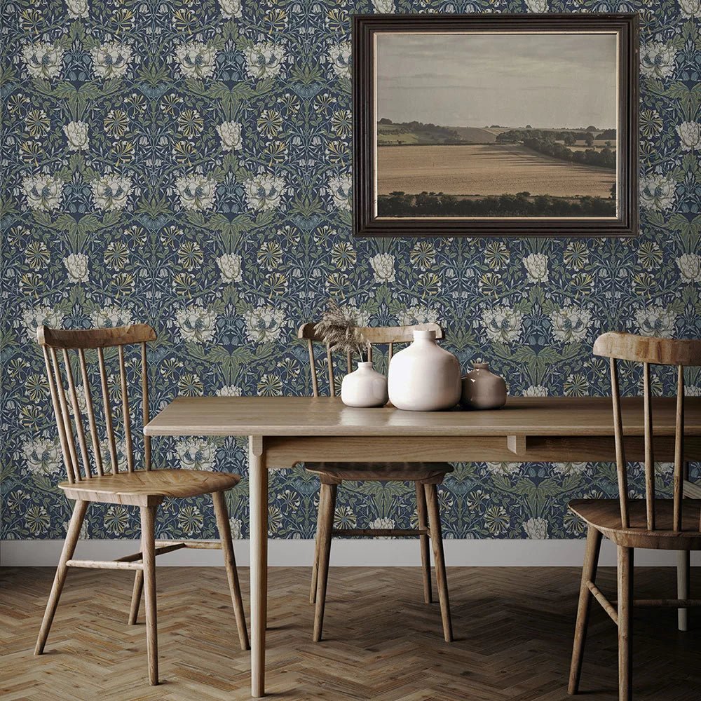 Ogee Flora Wallpaper - Navy Blue - NextWall - NW48202 - Morris Wallpaper