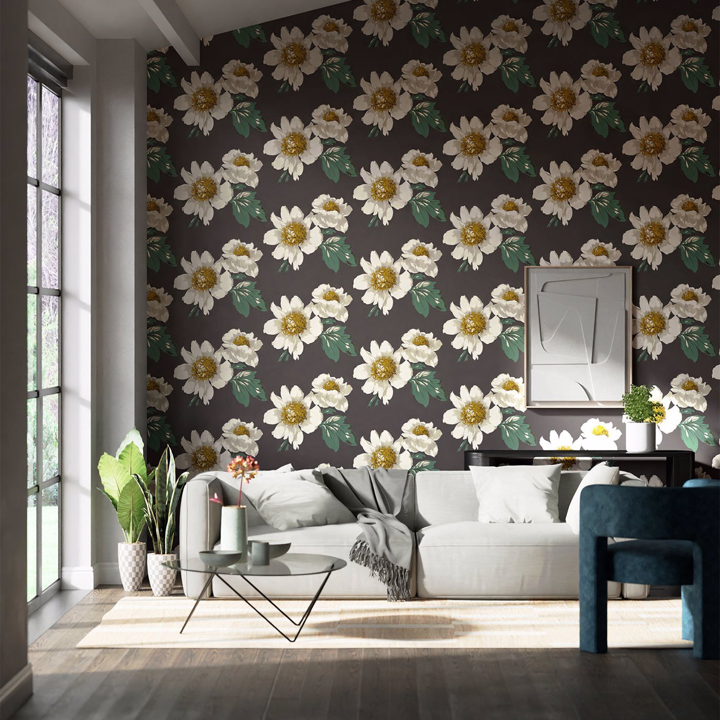 Paeonia Wallpaper - Black Earth/Fig Leaf/ Gold - Harlequin - HQN2112841 - Morris Wallpaper