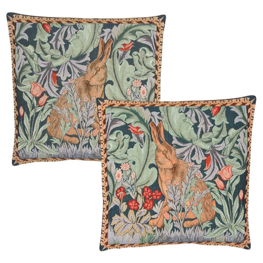 Pair of Morris Hare Tapestry Cushions with Feather Filler - Hines - 484+485 - Morris Wallpaper