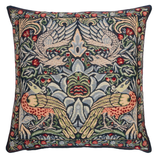 Peacock & Dragon Blue Tapestry Cushion with Feather Filler - Hines - 827-1 - Morris Wallpaper