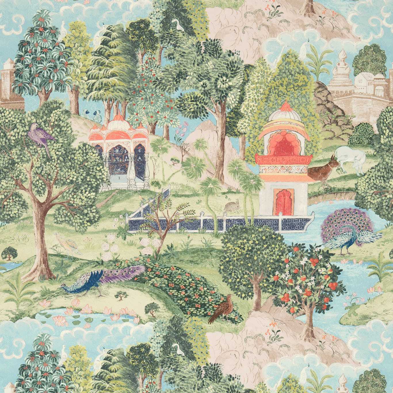 Peacock Garden Wallpaper - Green/Coral - Zoffany - ZJAI311743 - Morris Wallpaper