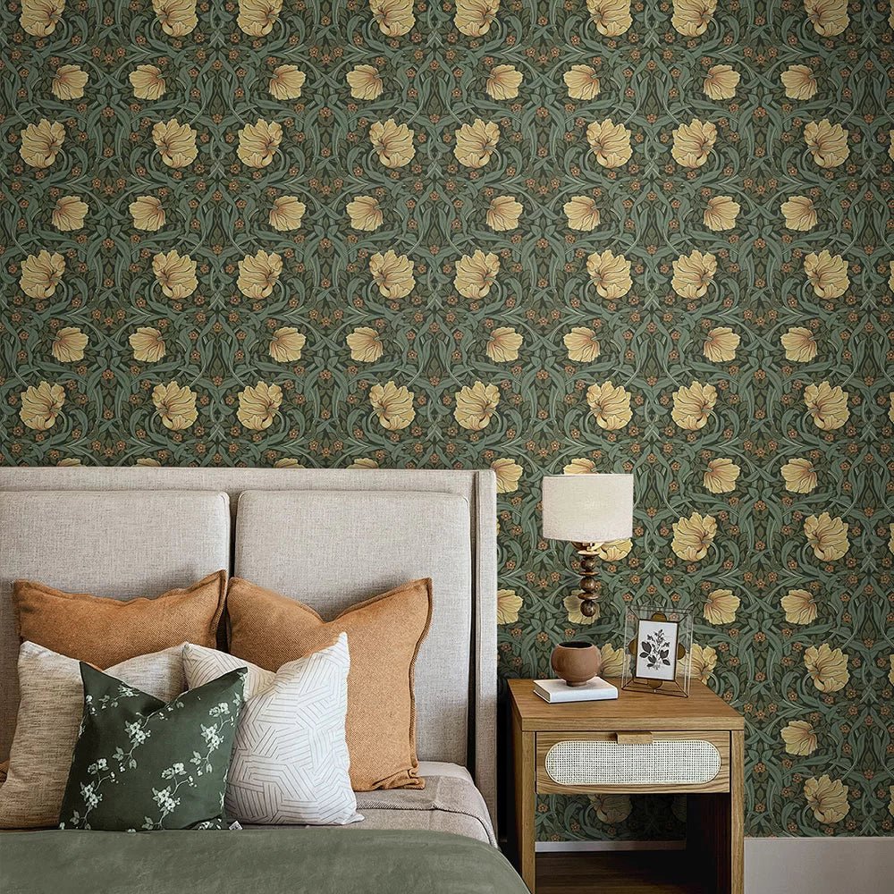 Pimpernel Garden Wallpaper - Meadow Green & Amber - NextWall - NW54204 - Morris Wallpaper