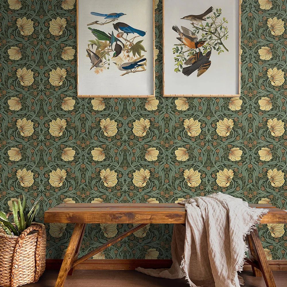 Pimpernel Garden Wallpaper - Meadow Green & Amber - NextWall - NW54204 - Morris Wallpaper
