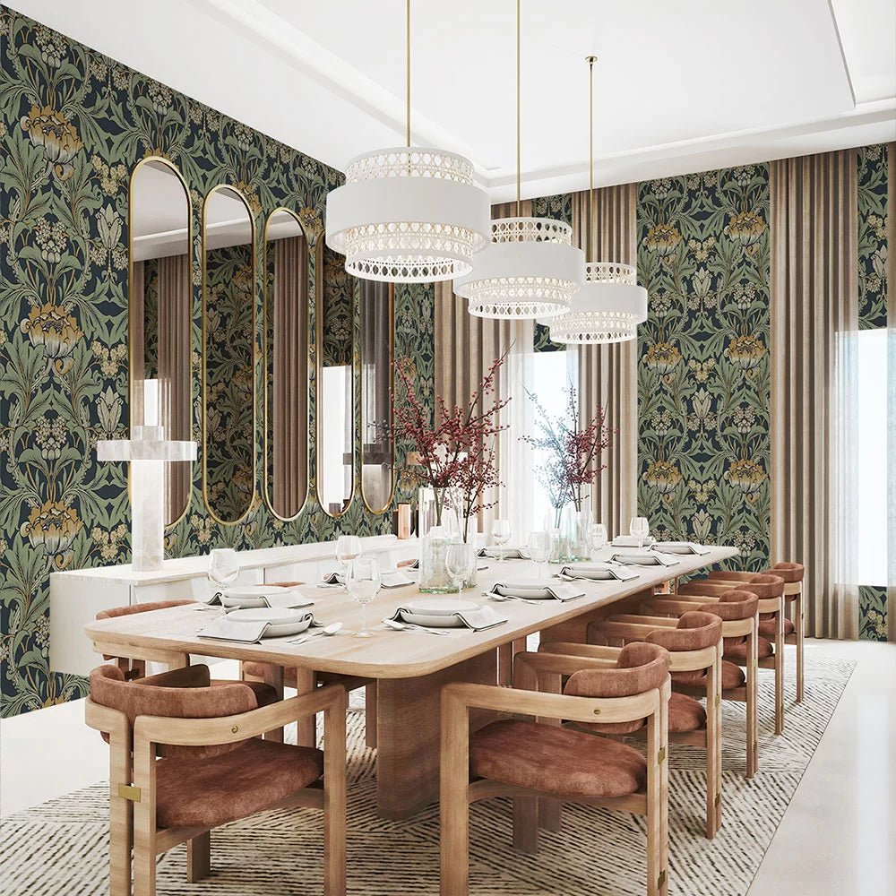 Primrose Floral Wallpaper - Midnight Blue & Goldenrod - NextWall - NW44404 - Morris Wallpaper