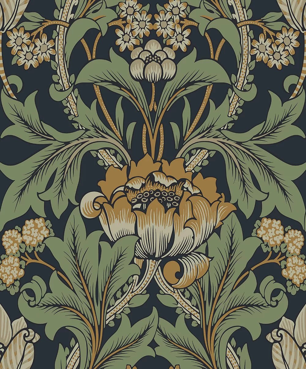 Primrose Floral Wallpaper - Midnight Blue & Goldenrod - NextWall - NW44404 - Morris Wallpaper