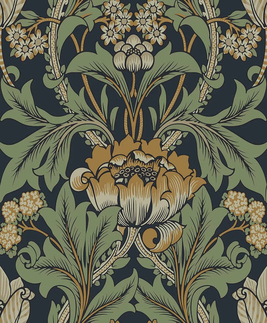 Primrose Floral Wallpaper - Midnight Blue & Goldenrod - NextWall - NW44404 - Morris Wallpaper