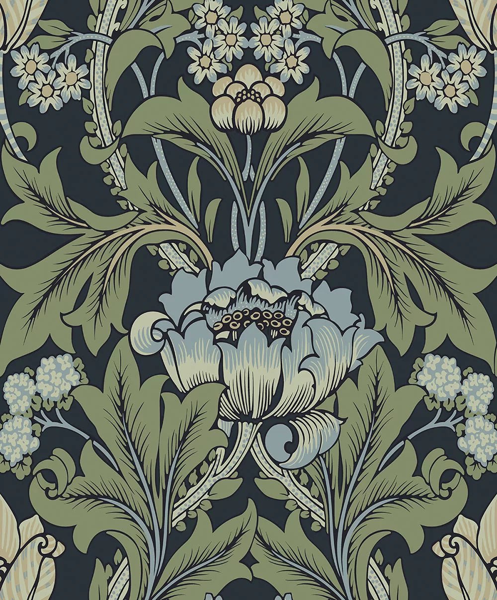 Primrose Floral Wallpaper - Midnight Blue & Sage - NextWall - NW44412 - Morris Wallpaper