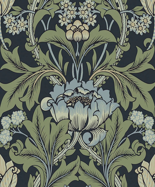 Primrose Floral Wallpaper - Midnight Blue & Sage - NextWall - NW44412 - Morris Wallpaper