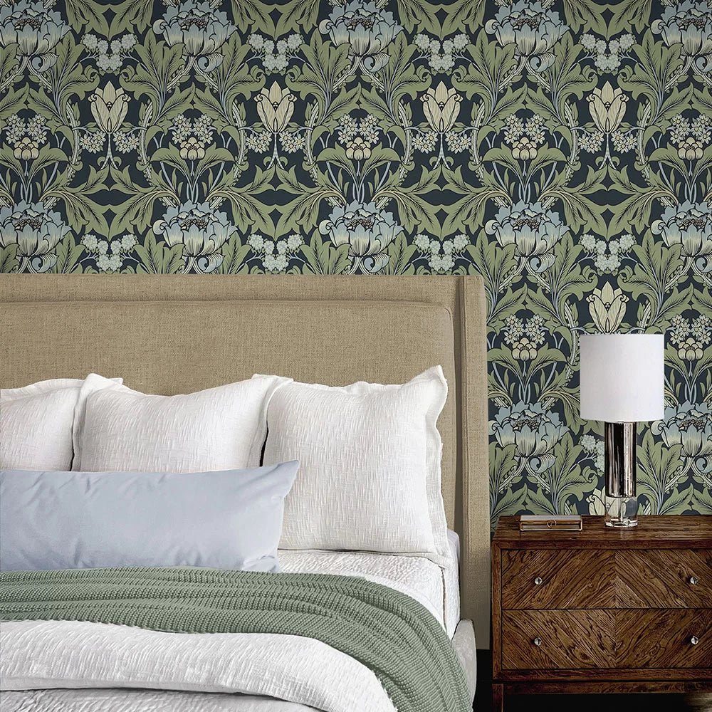 Primrose Floral Wallpaper - Midnight Blue & Sage - NextWall - NW44412 - Morris Wallpaper