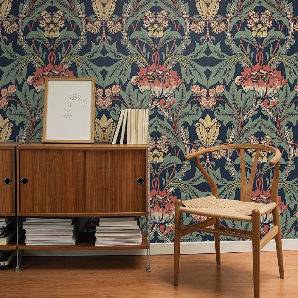 Primrose Floral Wallpaper - Navy Blue - NextWall - NW44402 - Morris Wallpaper