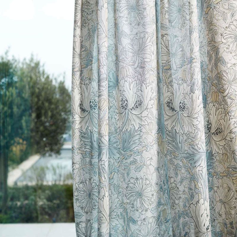 Pure Honeysuckle & Tulip Sheer Wide Width Fabric - Soft Blue/Linen - Morris & Co - 227300 - Premier Wallcovering