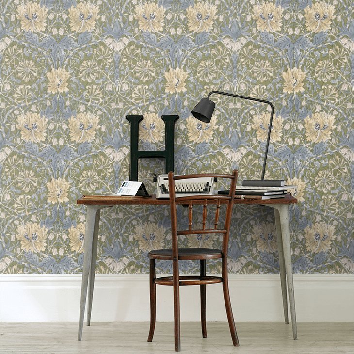 Pure Honeysuckle & Tulip Wallpaper - Olive / Woad - 217387 - Morris Wallpaper WD - Morris Wallpaper