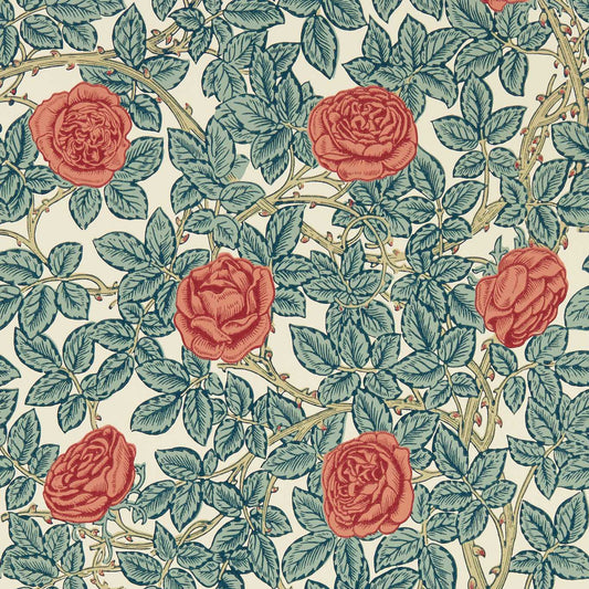 Rambling Rose Wallpaper - Emery Blue/Spring Thicket - MEWW217206 - Morris & Co - Emmery Walkers - Morris Wallpaper