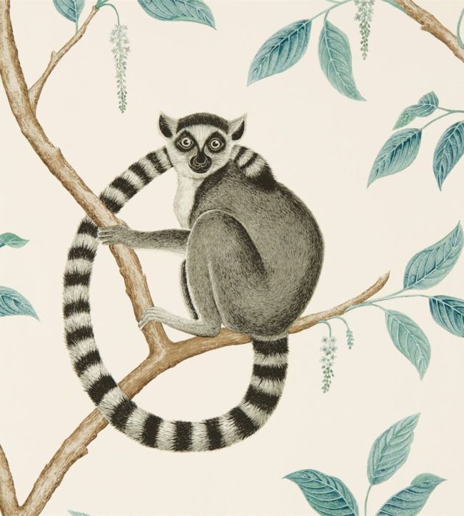 Ringtailed Lemur Wallpaper - Ringtailed Lemur Stone/Eucalyptus - DGLW216665 - Sanderson - Morris Wallpaper