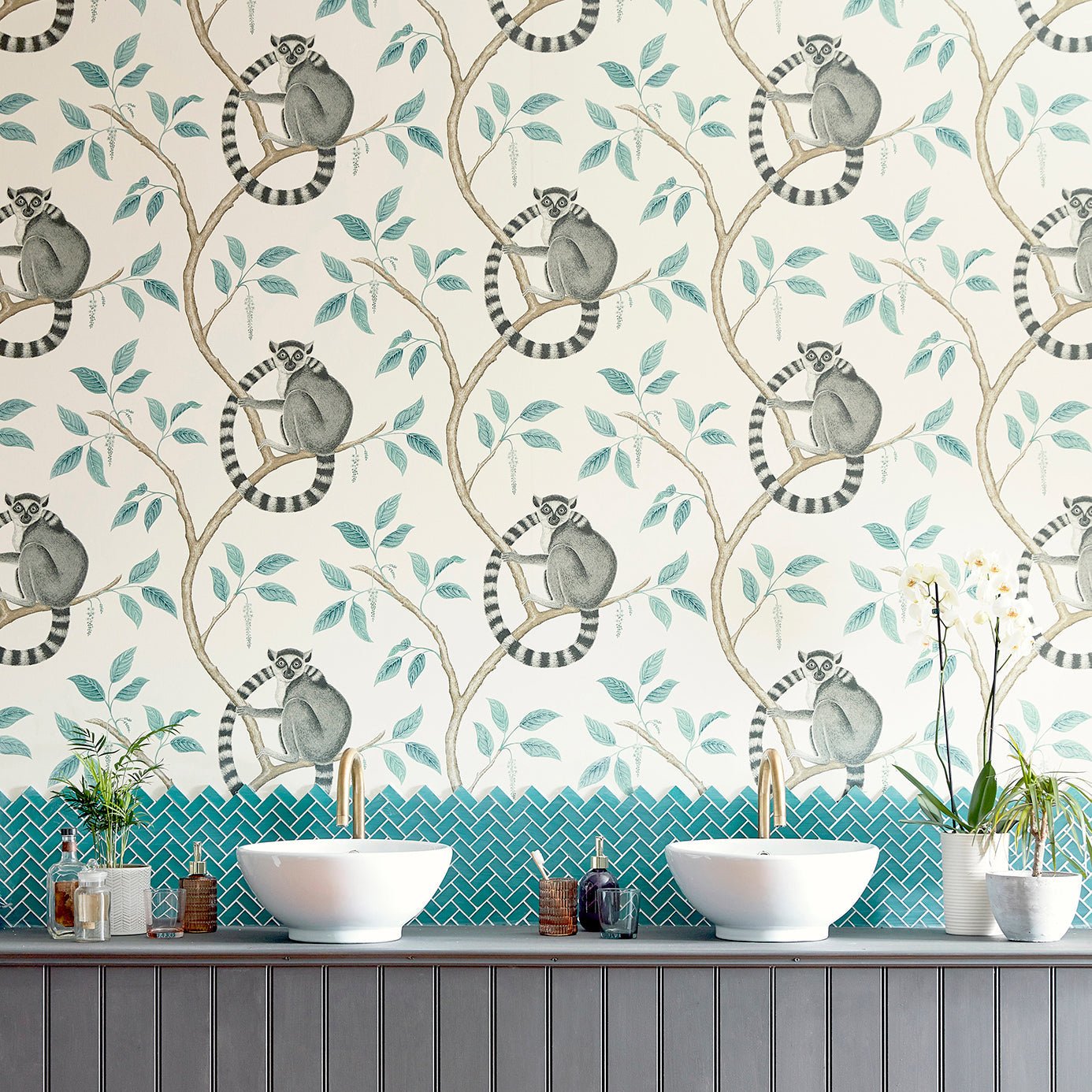 Ringtailed Lemur Wallpaper - Teal - Sanderson - DGLW216663 - Morris Wallpaper