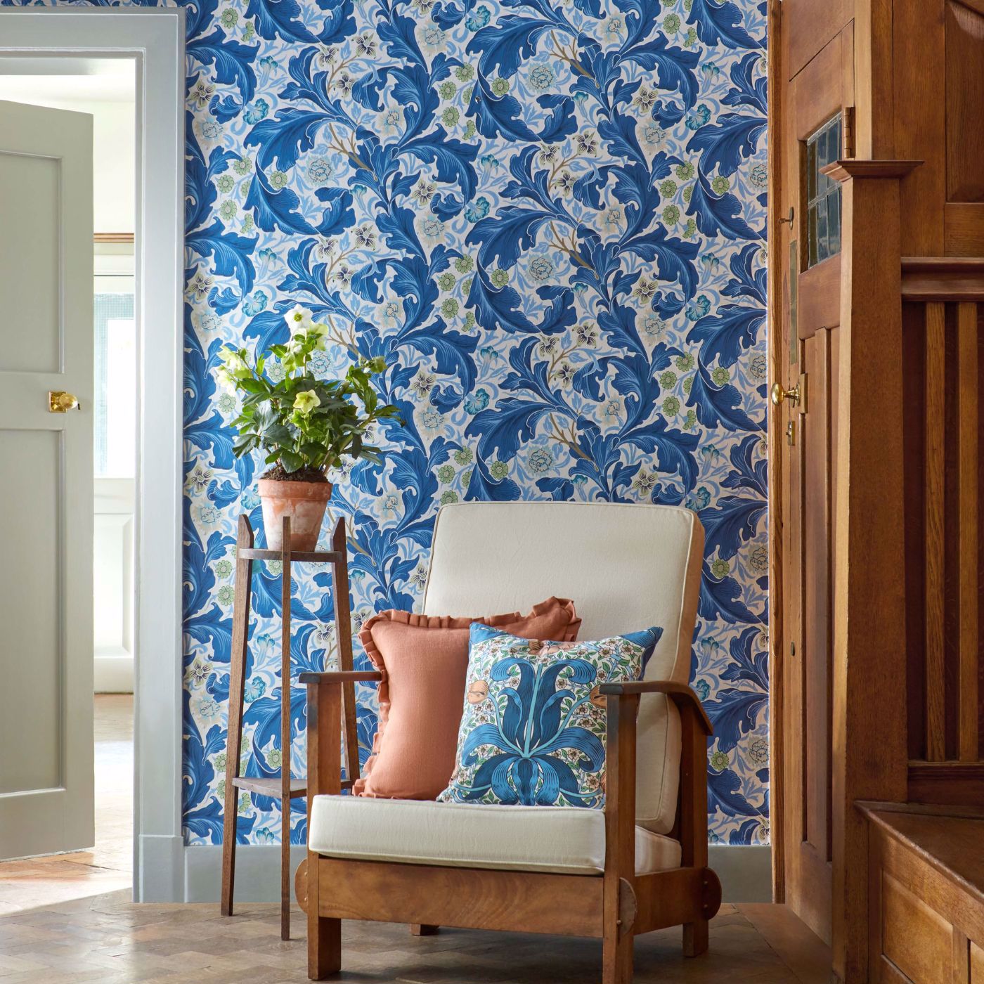 Sanderson - Spring Thicket Paradise Blue/Peach Fabric - MVOF227207 - Morris Wallpaper