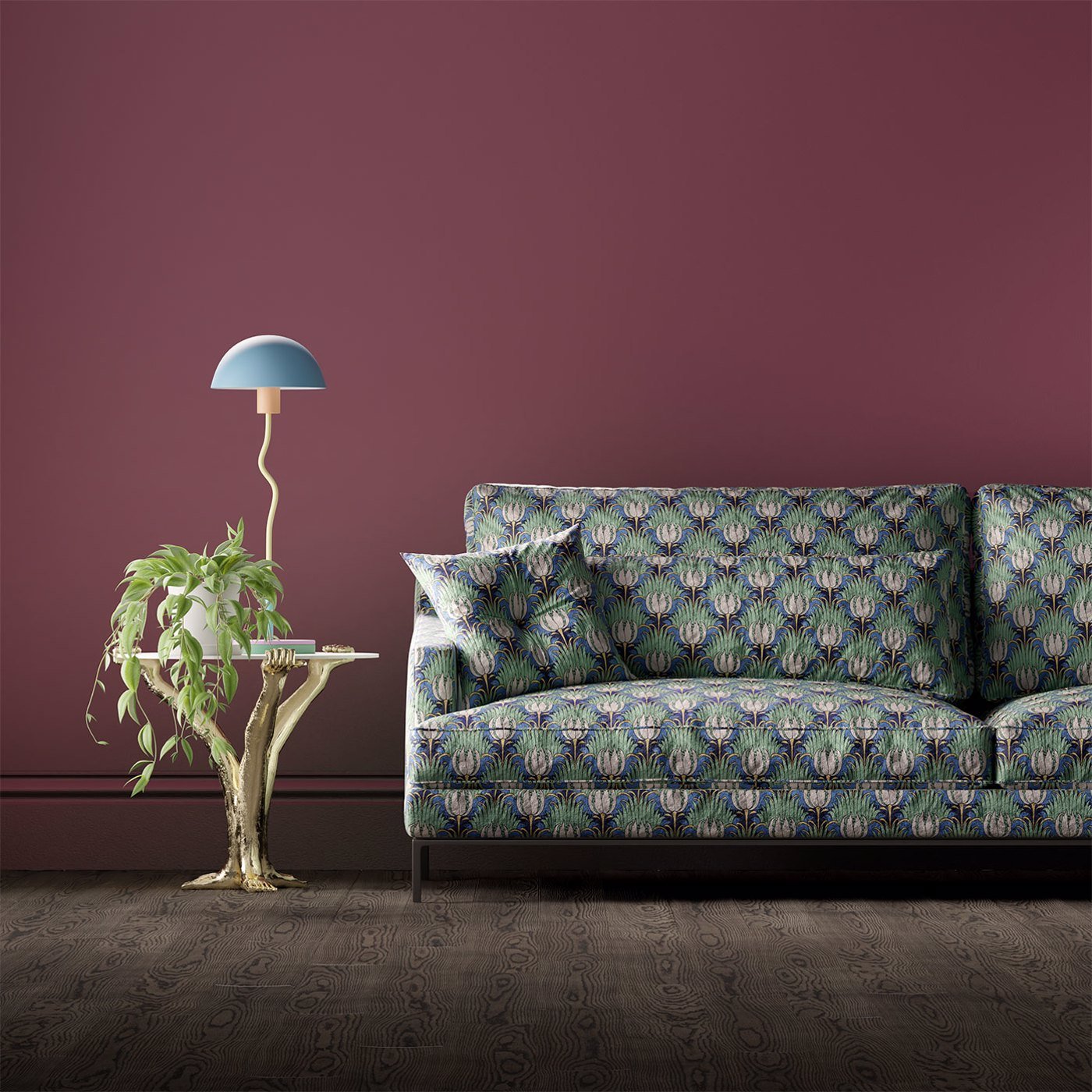 Sanderson - Tulip & Bird Goblin Green & Raven Fabric - AARC520013 - Morris Wallpaper