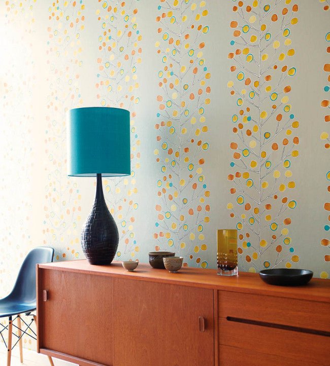 Berry Tree Wallpaper - Neutral / Tangerine / Powder Blue / Lemon - 110203 - Scion