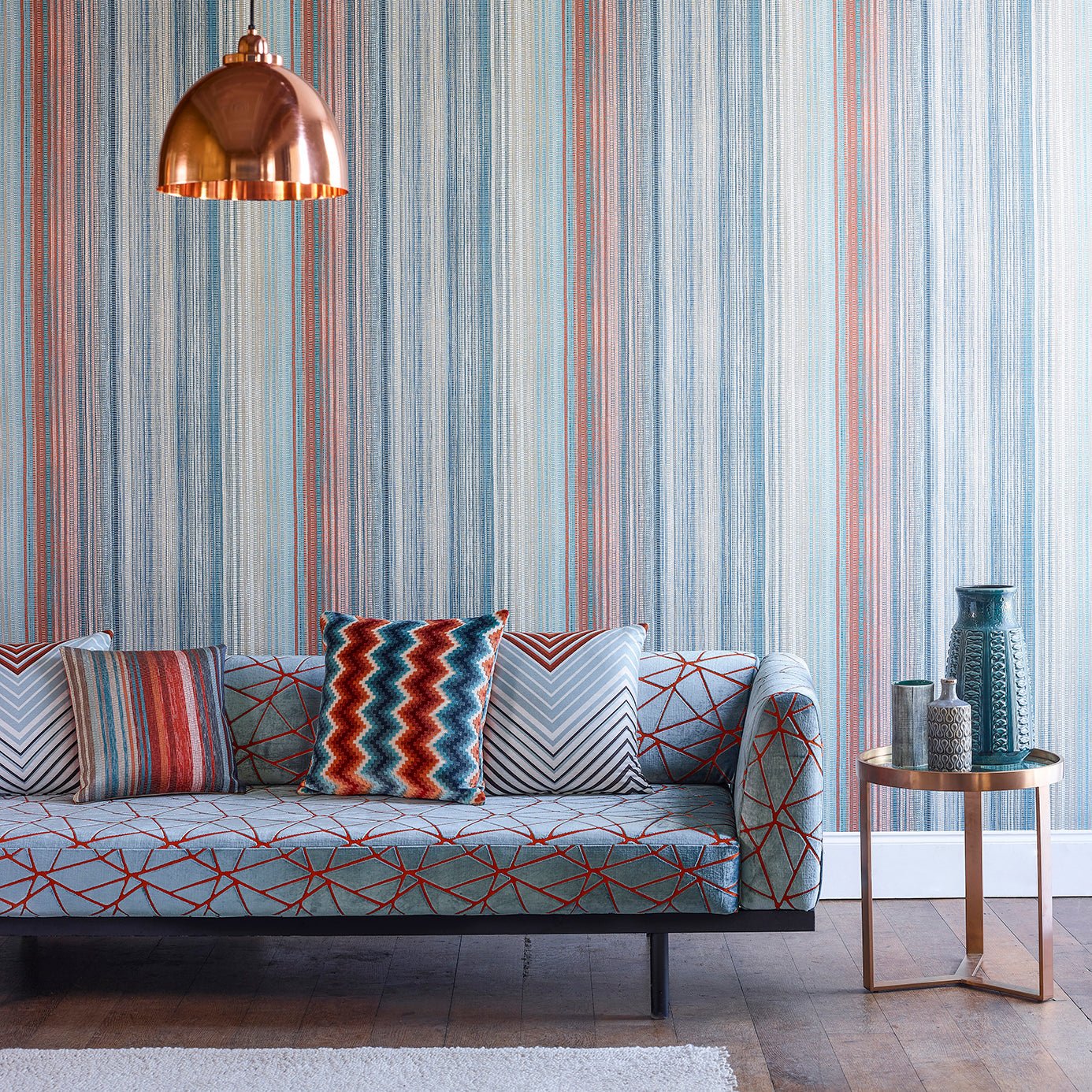 Spectro Stripe Wallpaper - Teal/Sedona/Rust - Harlequin - HMWF111961 - Morris Wallpaper