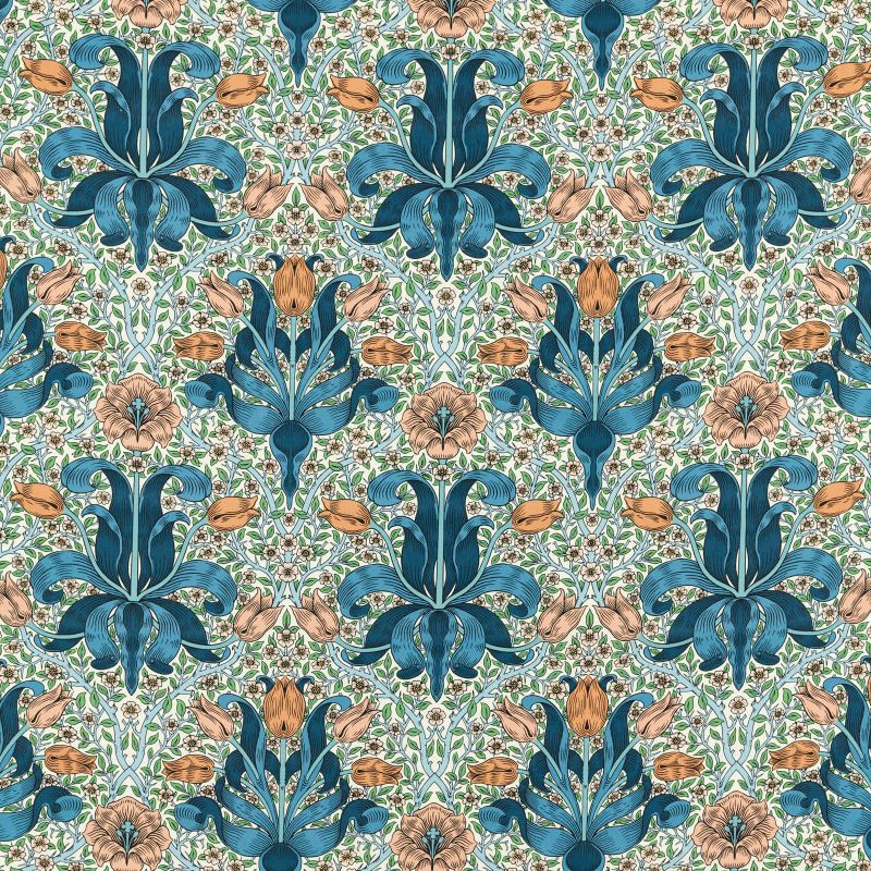 Spring Thicket Fabric - Paradise Blue/Peach - Morris & Co - 227207 - Premier Wallcovering