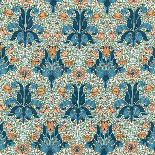 Spring Thicket Fabric - Paradise Blue/Peach - Morris & Co - 227207 - Premier Wallcovering