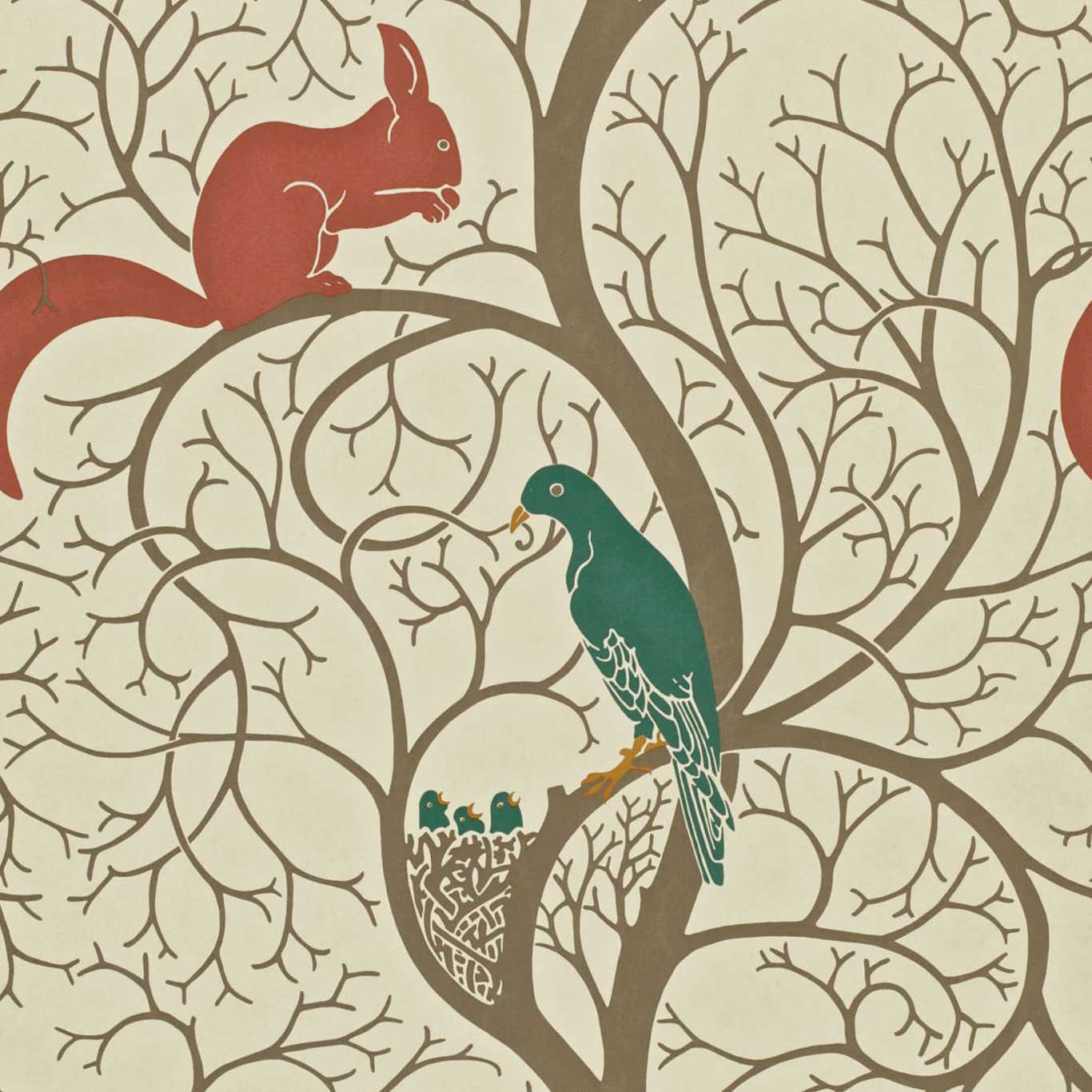 Squirrel & Dove Wallpaper - Teal/Red - DVIWSQ102 - Sanderson