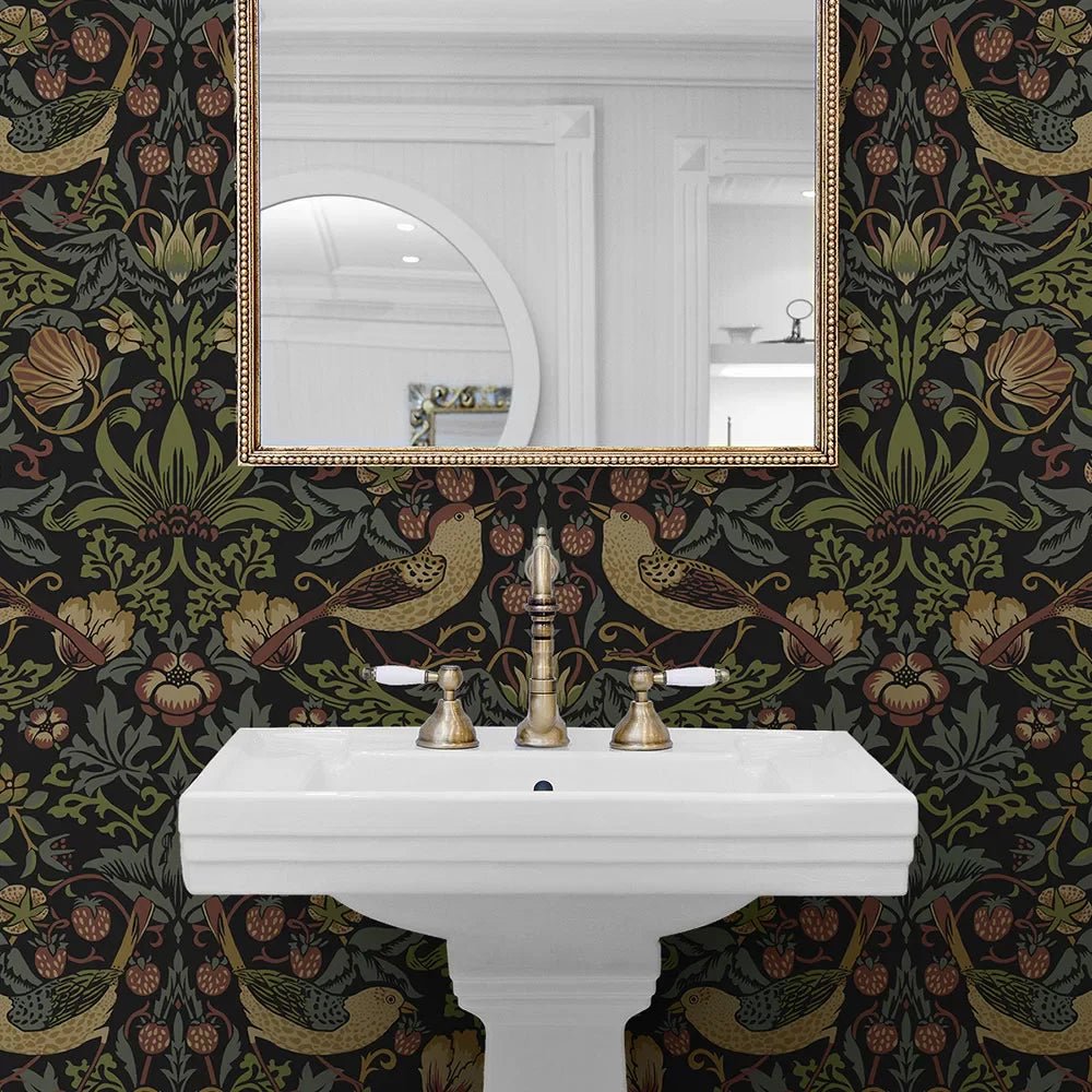 Strawberry Garden Wallpaper - Black - NextWall - NW55401 - Morris Wallpaper