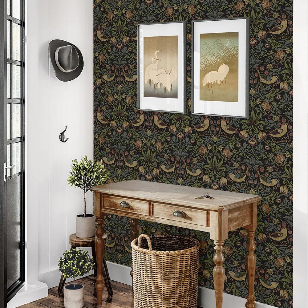 Strawberry Garden Wallpaper - Black - NextWall - NW55401 - Morris Wallpaper