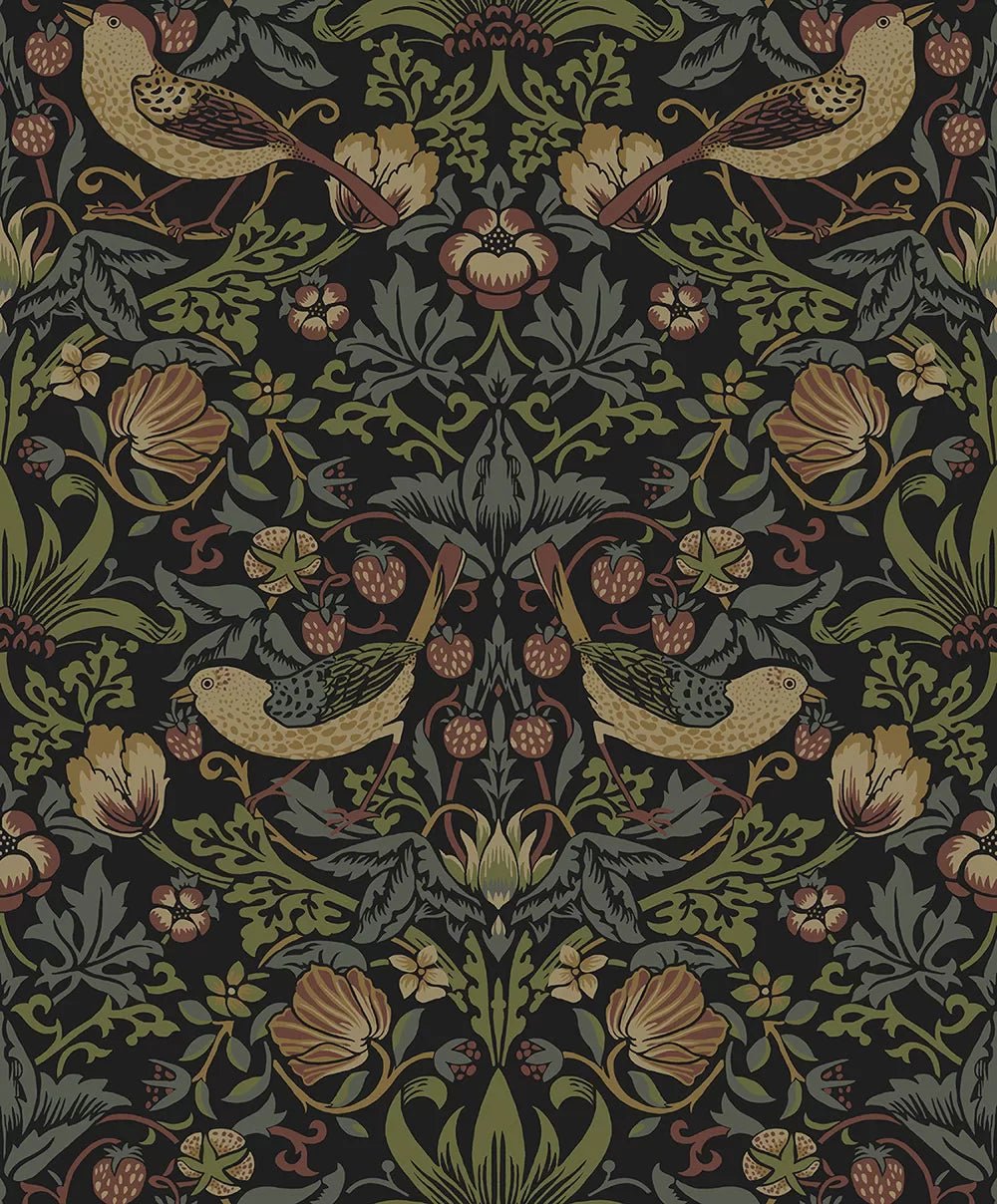 Strawberry Garden Wallpaper - Black - NextWall - NW55401 - Morris Wallpaper
