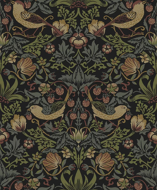 Strawberry Garden Wallpaper - Black - NextWall - NW55401 - Morris Wallpaper