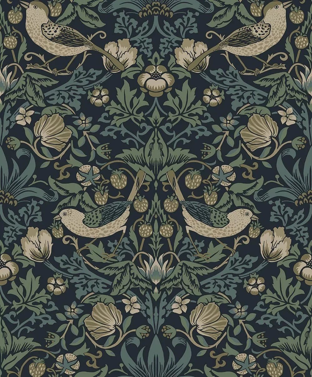 Strawberry Garden Wallpaper - Blue - NextWall - NW55402 - Morris Wallpaper