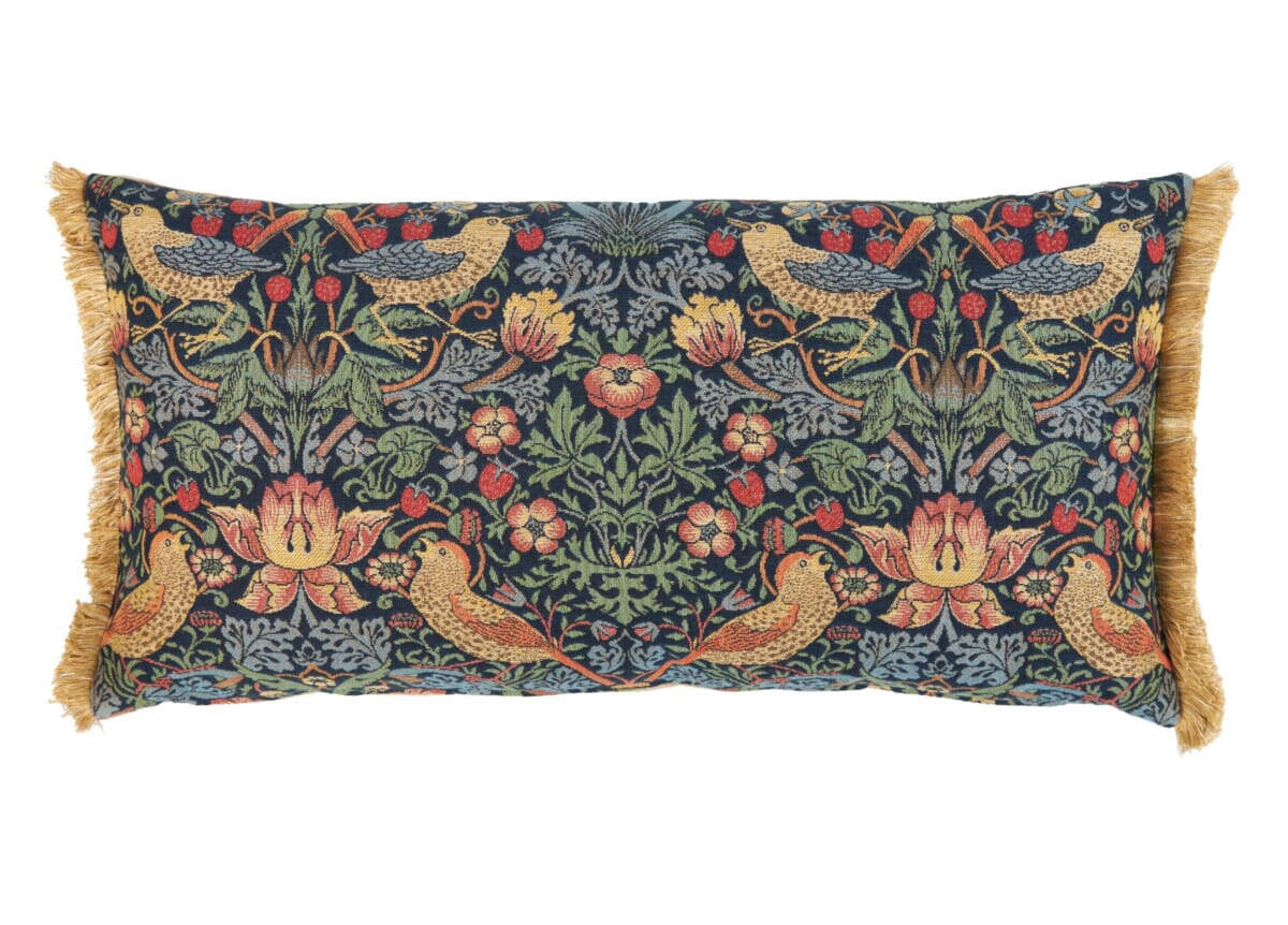 Strawberry Thief Blue Tapestry Cushion with Gold Fringe with Feather Filler - Hines - 1074L-1 - Morris Wallpaper