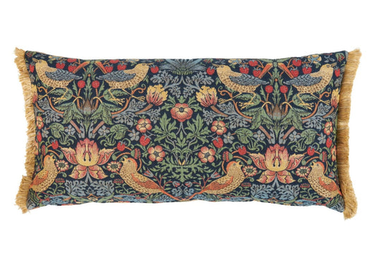 Strawberry Thief Blue Tapestry Cushion with Gold Fringe with Feather Filler - Hines - 1074L-1 - Morris Wallpaper